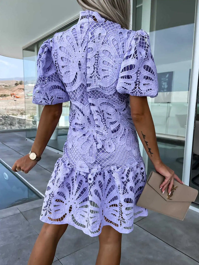 Elegant Stand Collar Puff Sleeve Solid Color Women Dresses Sexy Lace Hook Flower Hollow Short Dress Summer New Casual Robe Femme