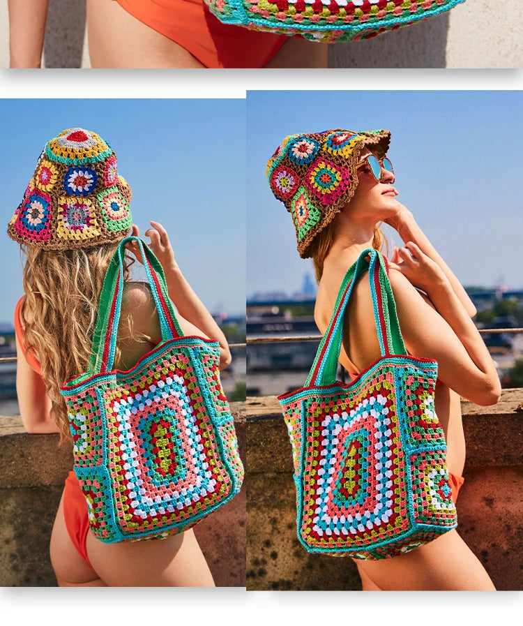 the CANCUN BOHO - Bohemian Crochet Women Shoulder Bags, Knitting Large Capacity Tote Bag, Casual Lady Handbags, Big Shopper Purses/Summer Beach Bags