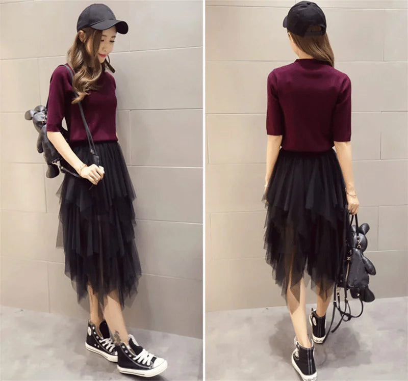 Fashion Summer Tutu Women Skirt Harajuku Tulle Bottom Faldas Casual High Waist Midi Mesh Skirts Woman Clothes Saia Jupe Femme