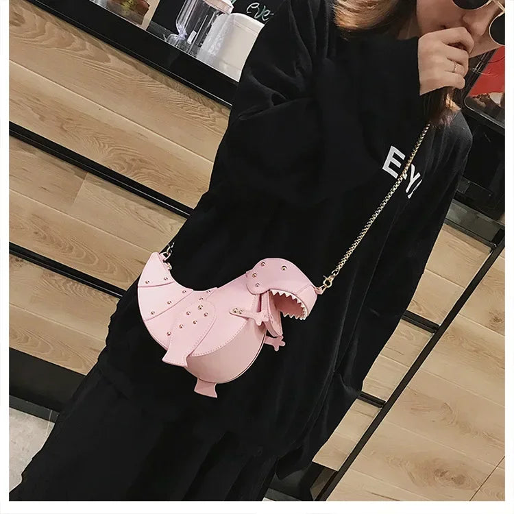 the DINO-MYTE - Trend Fashion 3D Dinosaur Design Rivets PU Leather Chain Purse, Shoulder Bag Tote, Crossbody Mini Messenger Bag