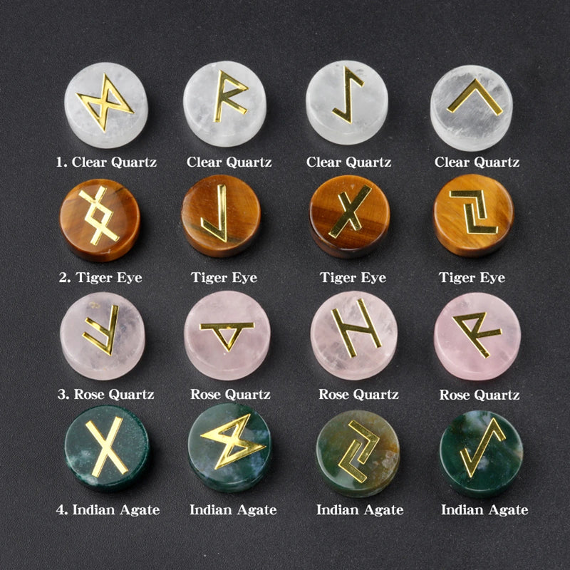 the RUNES - 25pcs Natural Crystal Runes Signs Round Stone Runic Alphabets Letters Sacred Symbol Healing Gem Energy Amulet Reiki Chakra Set