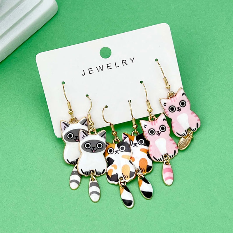 the CAT CLUB - 3 Pairs/Set Fashionable Enamel Cartoon Cute Cat Design Earrings, Jewelry Gifts for Women And Girls