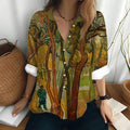 Women's Long Sleeved Shirt Van Gogh's Oil Painting Print Sunflower Pattern Clothing Loose Lapel Top Women's Party Fashion Shirt