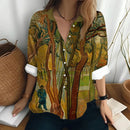 the GALLERIA - Van Gogh's Oil Painting Print Sunflower Pattern Long Sleeved Shirt Loose Lapel Blouse
