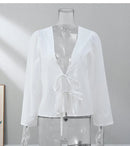 the BOHO TIE - Female Street Tops Linen Lace Up Long Sleeve Fashion Chic Casual Loose V-Neck Shirt