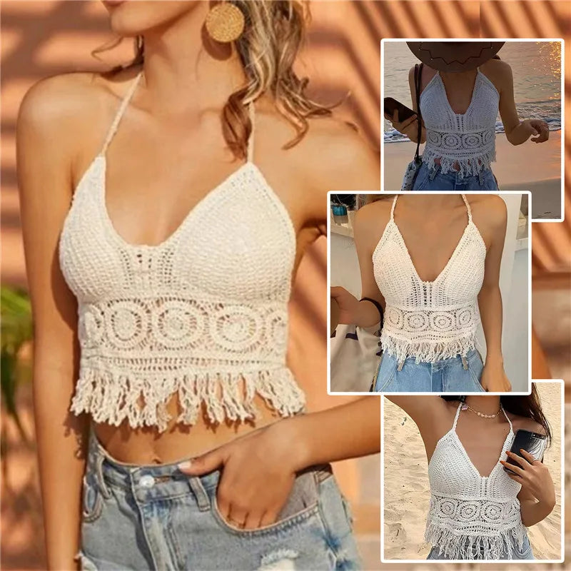 Women Summer Short Vest Sexy Hollow Out Vest Knitted Tassel Crop Tops Bohemian Style Beach Bikini Tank Tops Shirt Hot Tank Top