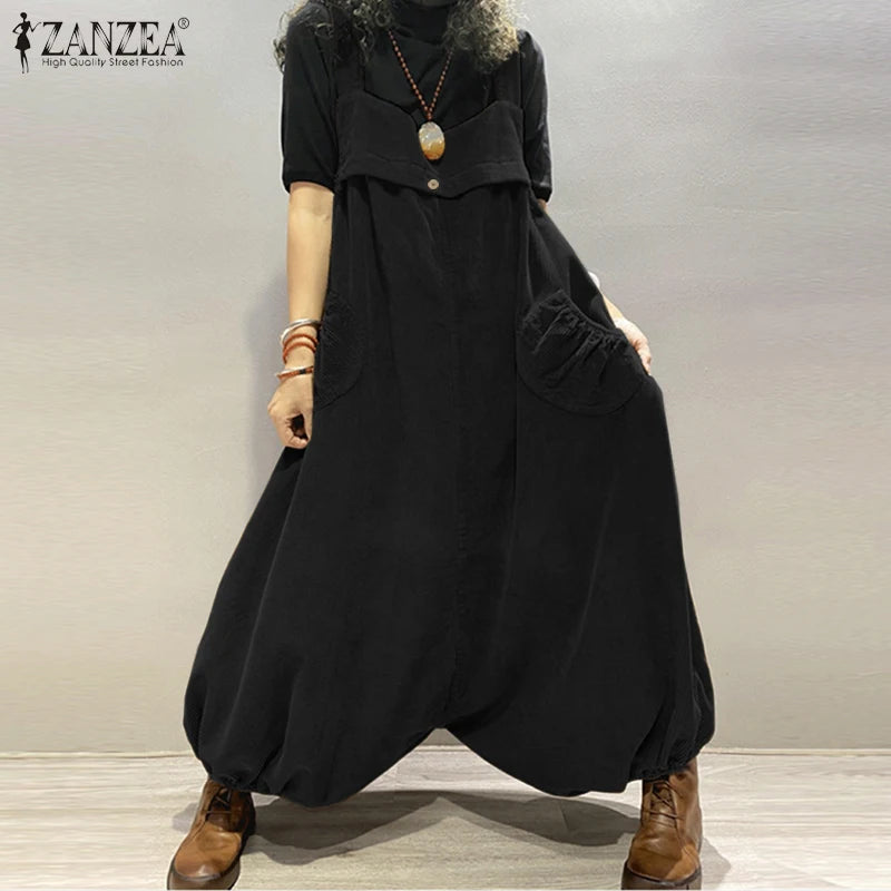 ZANZEA Streetwear Corduroy Bibbed-Jumpsuits Women Wide Leg Pant Drop-Crotch Overalls 2025 Spring Loose Casual Suspender Rompers