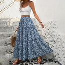 the WHITE FLORAL - Small Floral Waistband Elastic Three-Layer Splicing Long A-Line Pleated Big Swing Skirts
