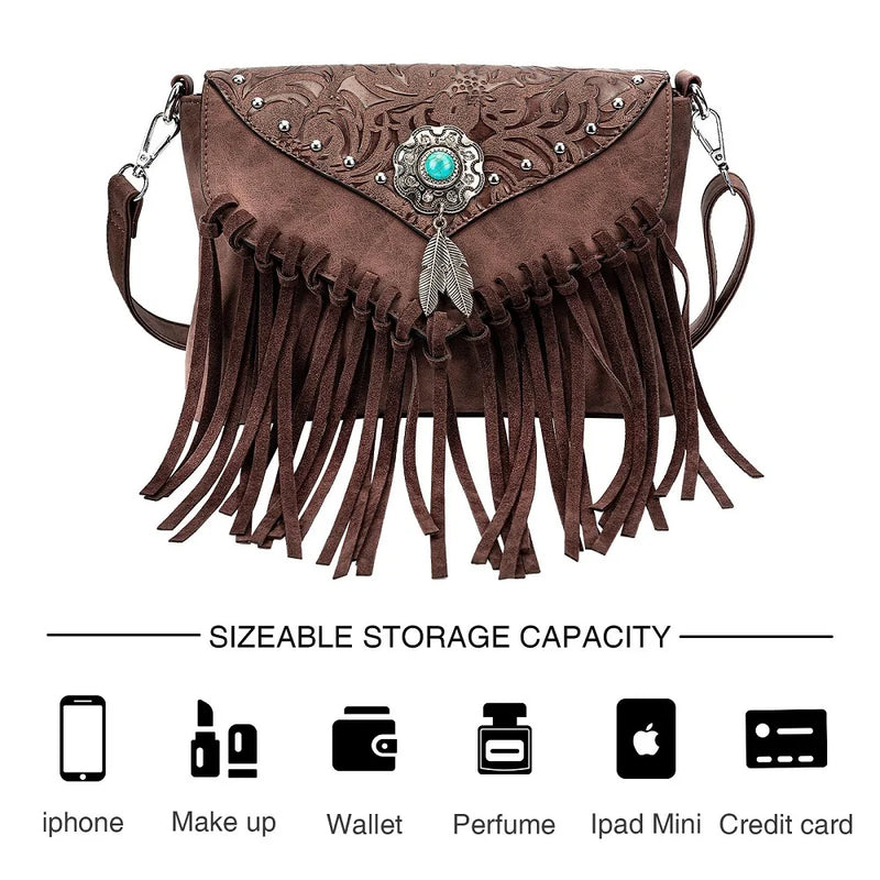 the WESTERNER - Original Design Shoulder Bag for Women, PU Leather Luxury Clutch Designer Handbags, Western Purse Fringe Messenger Bag