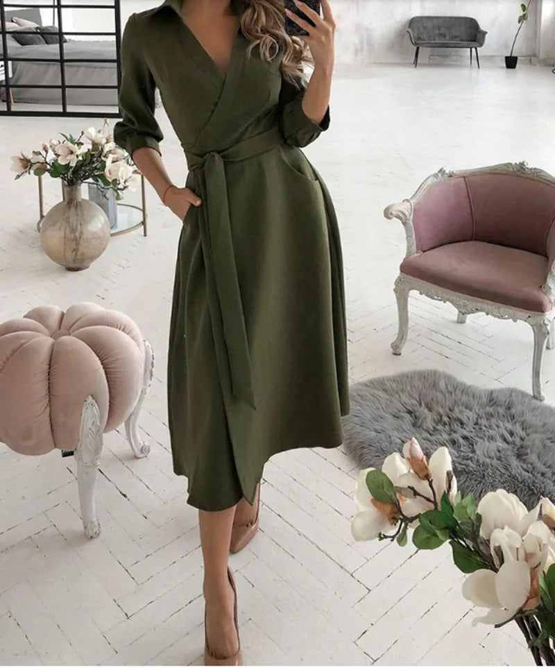 Women V-Neck Dress Spring And Summer New Fashion Three Quarter Sleeve Printed Women's Dress With Waist Tie Up Polo Long Dress