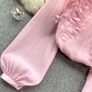 the SHEER BOHO - Women's Loose O-Neck Long Sleeves Sheer Bohemian Transparent 3D Floral Blouse