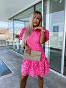 the GIRLS DAY - Elegant Collar Puff Sleeve Solid Color Sexy Lace Hook Flower Hollow Short Summer Dress