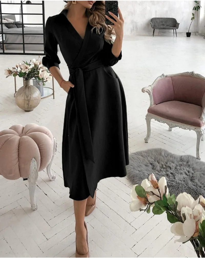 Women V-Neck Dress Spring And Summer New Fashion Three Quarter Sleeve Printed Women's Dress With Waist Tie Up Polo Long Dress