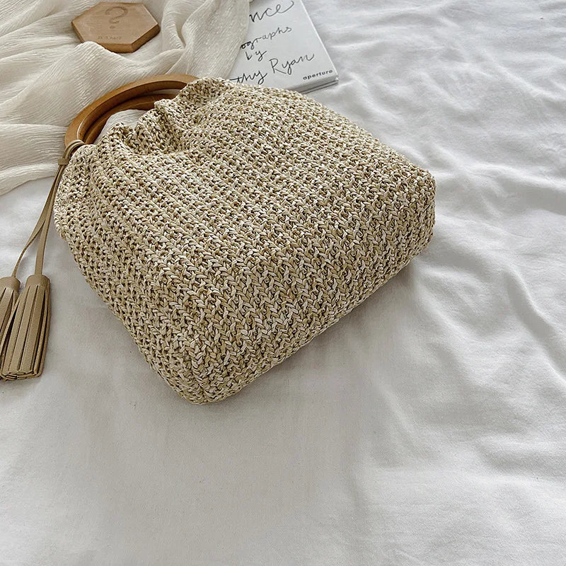 the WOVEN BAG - Straw Bag Rattan Woven Round Tassel Handbag for Women, Large Capacity Shoulder Tote Purse, Ladies Holiday Wood Handle Shopping Bag