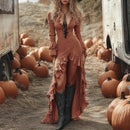 the WILD WEST COWGIRL - Retro Solid Ruffle Spring V-Neck Slim Long Sleeve Boho Maxi Dress