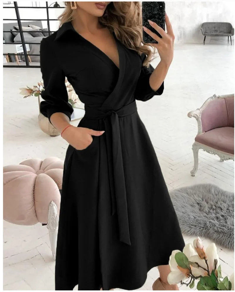 Women V-Neck Dress Spring And Summer New Fashion Three Quarter Sleeve Printed Women's Dress With Waist Tie Up Polo Long Dress