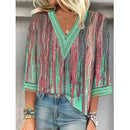 the RAINDROP - Women's Vintage Print Hollow Lace Patchwork Elegant Spring/Summer Trendy Casual V-Neck 3/4 Sleeve Loose Blouse Tops