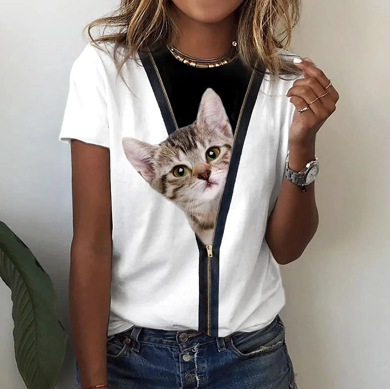 New Summer 3D Printing T-Shirt for Women Cute Cat Fashion Tee 2022 New Harajuku Animal Short Sleeve Oversized Clothing Camiseta