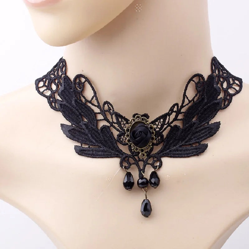 the GOTHIC VICTORIAN - Gothic Victorian Black Lace Necklace Women/Girl Boho Crystal Tassel Sexy Lace Choker Dark Style Jewelry