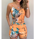the SHORTY - Summer Women 2-Piece High Waist Hot Shorts Flower Printed Sleeveless V-Neck Sling Blouse Shorts Set