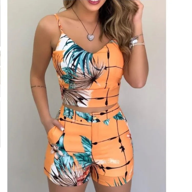 Women 2-piece Outfit Set Female High Waist Hot Shorts Pants Suit Summer Flower Printed Sleeveless V-neck Sling Blouse Shorts Set