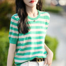 the CASHMERE - Sweater Short Sleeved Striped Sweater Pullover Knitted Cashmere Sweater for Women