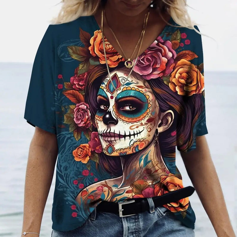 2023 Vintage Skull Face Women's T Shirt Tops V Neck Casual Cotton Short Sleeve Pullover Summer Female Harajuku Punk Streetwear