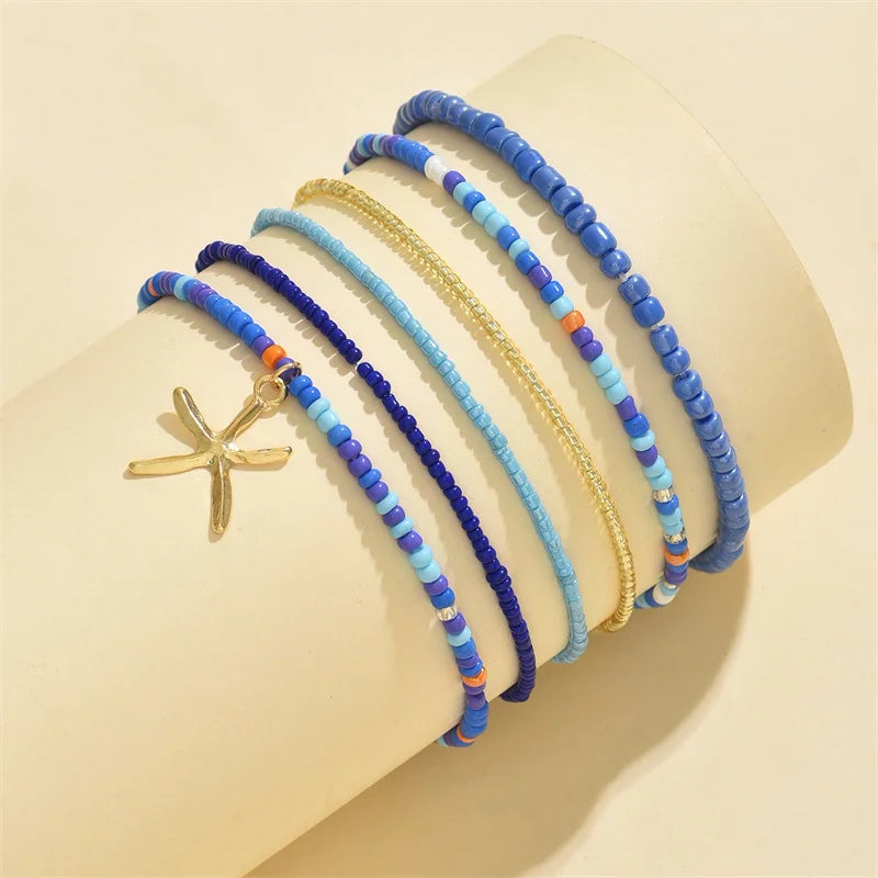 the BEADED STARFISH - Boho Stacking Multilayer Color Rice Beads Starfish Bracelet for Women, Fashion Beaded Rope Chain Summer Beach Wrist Jewelry Gifts