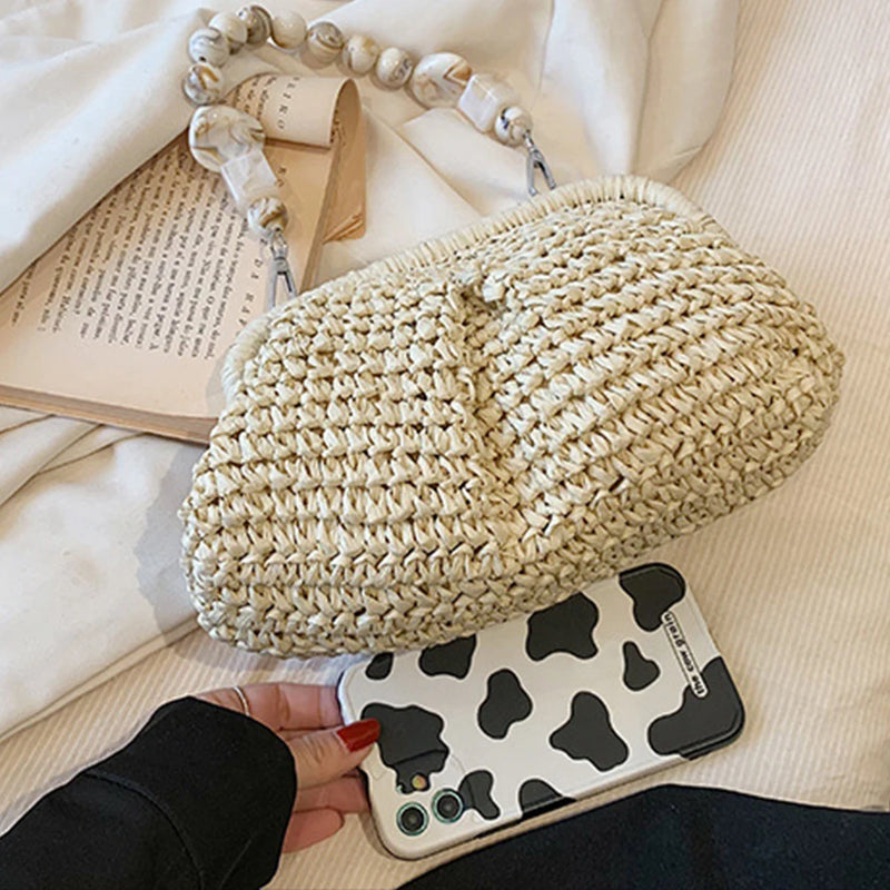 the BEAN BAG BOHO - Women Straw Crossbody Bag Clutch Purse, Weaving Shoulder Bag, Versatile Small Beading Handbag, Rattan Boho Summer Beach Woven Bag