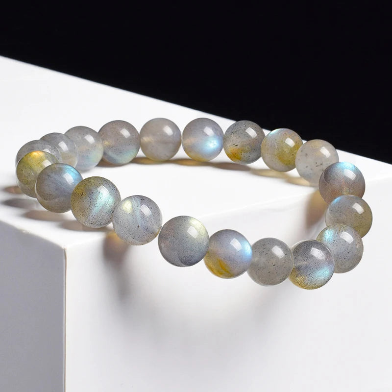 the LABRADORITE - Natural Grey Labradorite Bracelets, Flash Smooth Spectrulite Moonstone Round Elastic Beads Bracelet, Genuine Natural Stone Jewelry