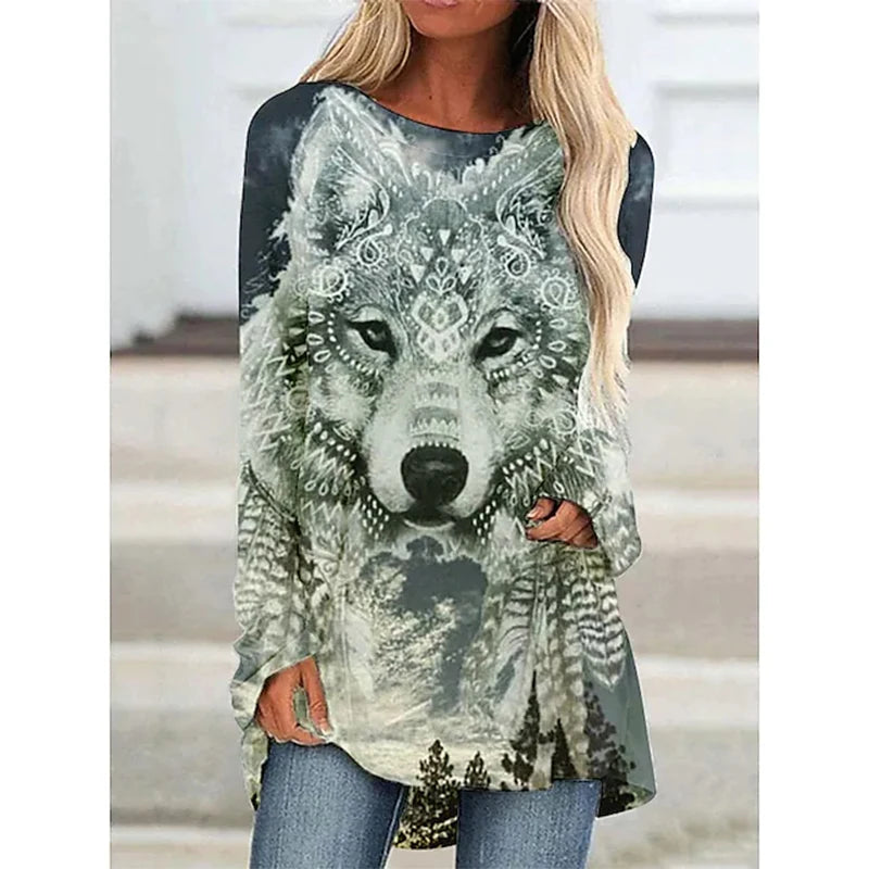 Vintage T shirt Wolf 3d Print T-shirts Women Fashion T-shirt Long Sleeve Ethnic Tops Tees Native Print Tshirt Long Tops Ladies