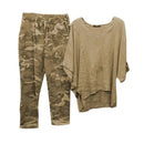 the CAMO SET - Tops/Pants Set Comfy Cotton Blend Quarters-Sleeve Breathable Elastic Waist Outfit Suit Shirt/Pants Set