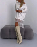 the FANCY FRINGE - Fashionable Casual Lace Slit Mid-Length Loose Pullover/Sweatshirt for Women