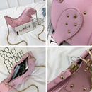 the DINO-MYTE - Trend Fashion 3D Dinosaur Design Rivets PU Leather Chain Purse, Shoulder Bag Tote, Crossbody Mini Messenger Bag
