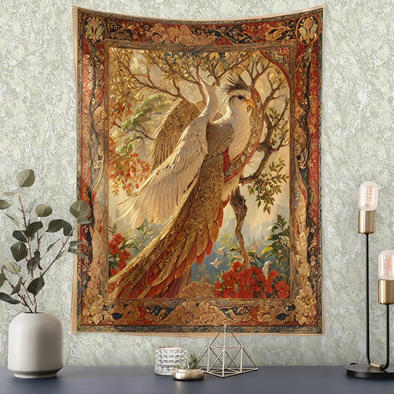 the BIRD TREE - Retro Flower and Bird Tree Tapestry Wall Hanging, Abstract Art Home Decor