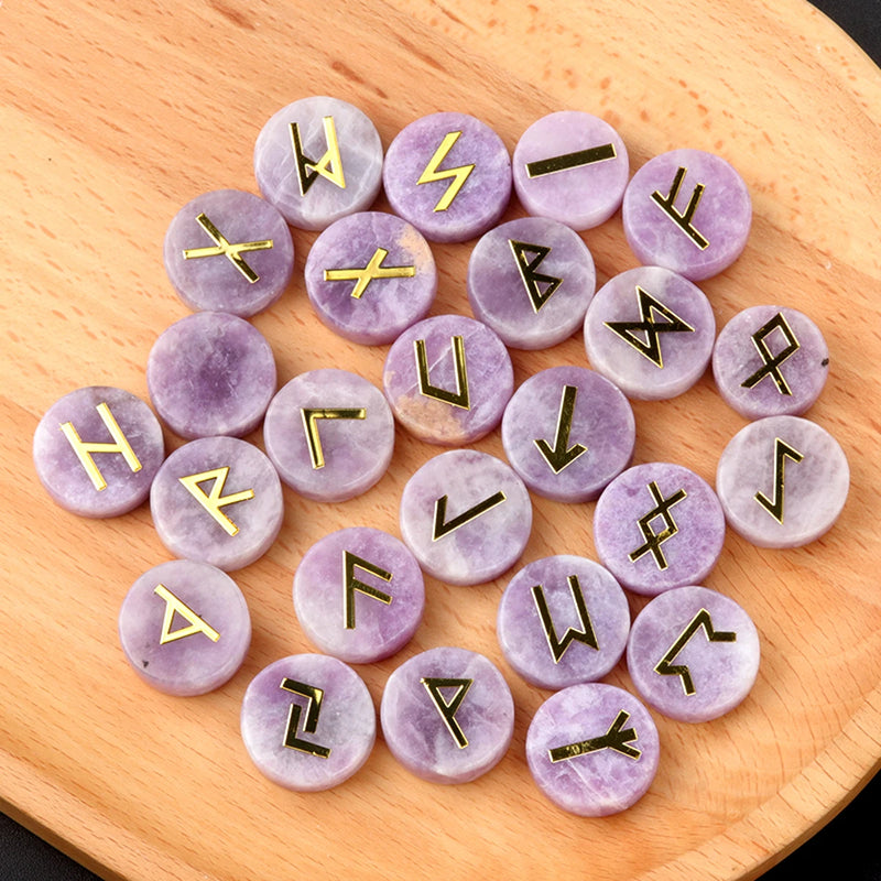 the RUNES - 25pcs Natural Crystal Runes Signs Round Stone Runic Alphabets Letters Sacred Symbol Healing Gem Energy Amulet Reiki Chakra Set