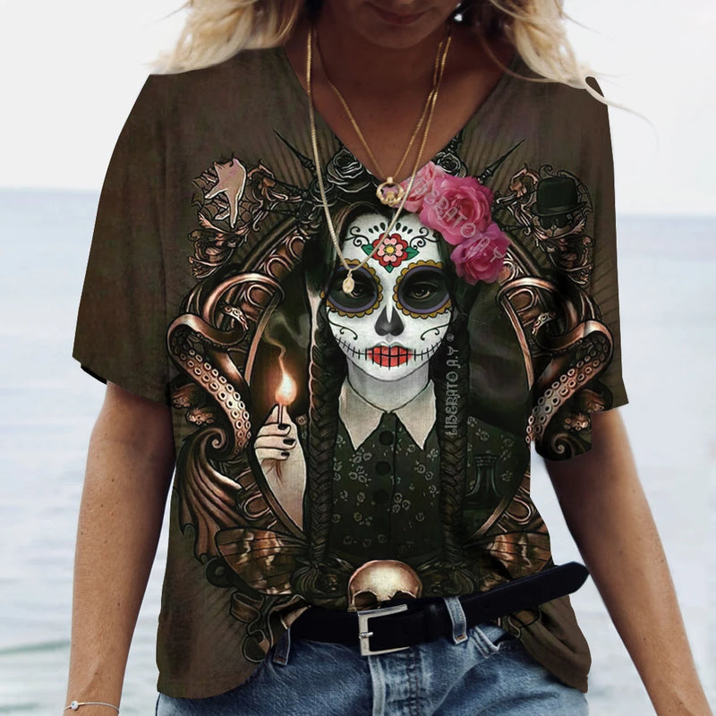 2023 Vintage Skull Face Women's T Shirt Tops V Neck Casual Cotton Short Sleeve Pullover Summer Female Harajuku Punk Streetwear