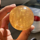 the CITRINE CALCITE - 1PC Natural Citrine Calcite Quartz Crystal Sphere Ball, Healing Gemstone Home Decor + Wood Bracket