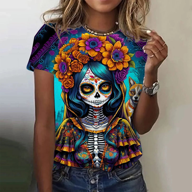 Women's T-shirt for Girls Summer Short Sleeve Casual Fashion  Sexy Girls Clothes Horror Undead Skull Pattern oversized T-shirts