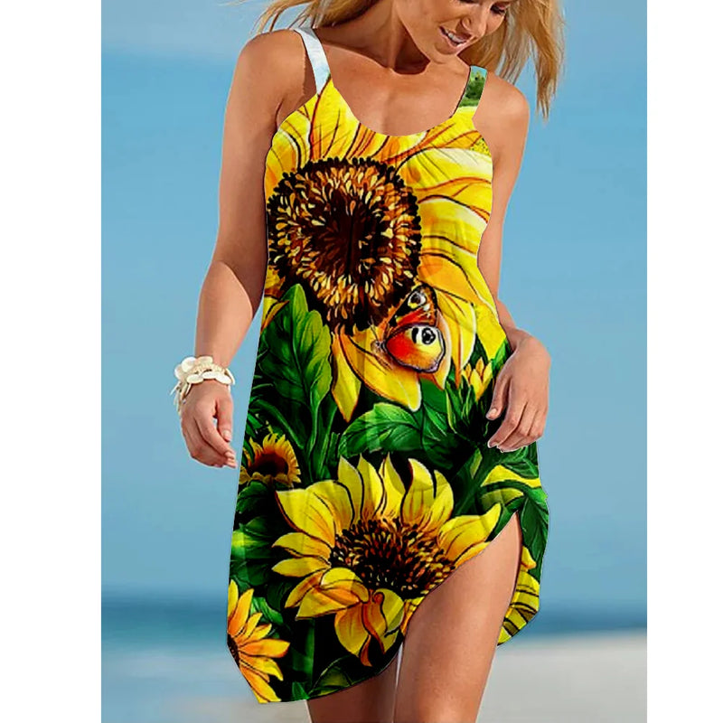 Summer Sunflower Beach Dress for Women 3D Print Vacation Party Sundress Ladies Casual Sleeveless Beachwear Female Traf Clothing