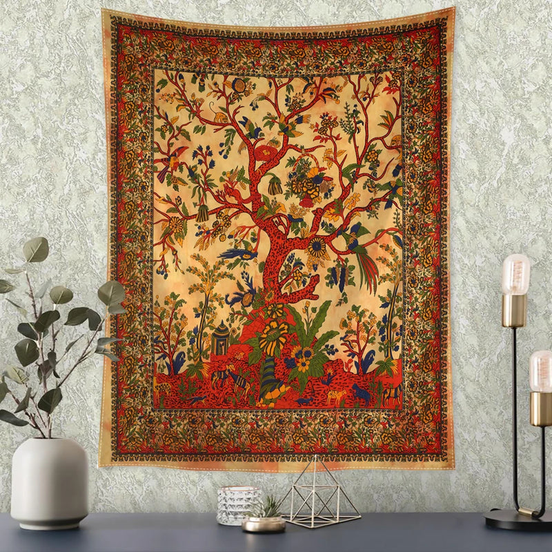 the BIRD TREE - Retro Flower and Bird Tree Tapestry Wall Hanging, Abstract Art Home Decor