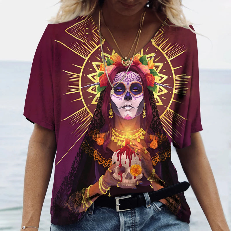 2023 Vintage Skull Face Women's T Shirt Tops V Neck Casual Cotton Short Sleeve Pullover Summer Female Harajuku Punk Streetwear