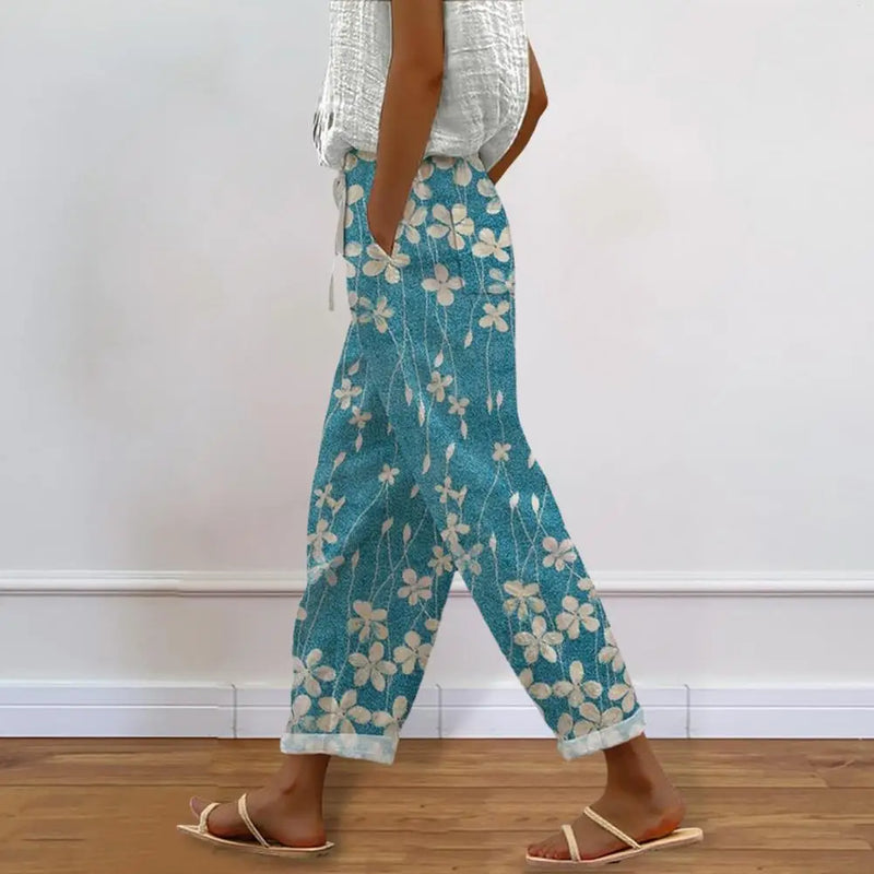 Women Rolled Hem Casual Pants Floral Print Harem Pants Boho Lace-up Dress Stylish Women's Casual Trousers Flowy for Office