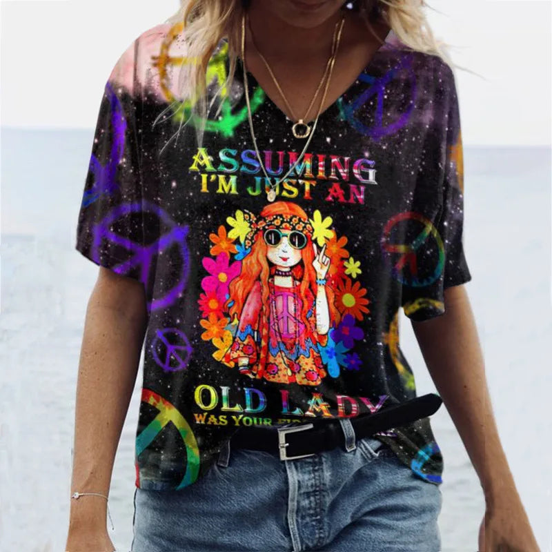 T-shirts For Women Summer 2024 Hippie Women's T Shirt Sequin Top Fashion Short Sleeve Print Tops Large Size Loose Tees Shirt