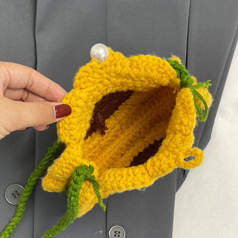 the KNITTED FLOWER - New Fashion Sunflower Pattern Women's Mini Knitted Handbag, Female Woven Shopper Purse, Lovely Design Chain Shoulder Crossbody Bag