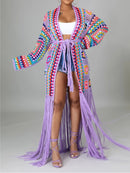 the CARDIGAN COVER UP - Women's Cardigan Handmade Crochet Beach Cover Up Coat Loose Tassel Tie Up Mixed Color Pure Hand Hook