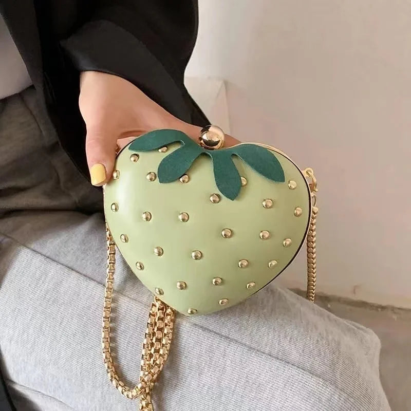 the STRAWBERRY - Cute Fruit Strawberry Heart Shape Pu Rivet Mini Fashion Ladies Chain Purse Clutch Bag