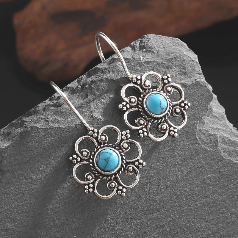 the ANTIQUE FLOWER - Beautifully Inlaid Blue Turquoise Flower Hypoallergenic Earrings for Women, Stylish Elegant Banquet Jewelry