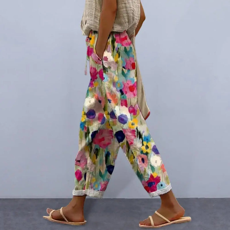 Women Rolled Hem Casual Pants Floral Print Harem Pants Boho Lace-up Dress Stylish Women's Casual Trousers Flowy for Office