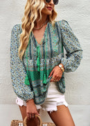 the BAGGY BOHO - Boho Floral Blouse V-Neck Tassel Long Sleeve Bohemian Summer Fashion Shirt for Women